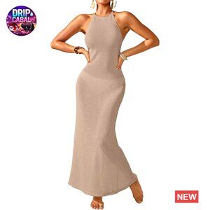 Crochet Knit Halter Backless Cover Up Dress with Slit